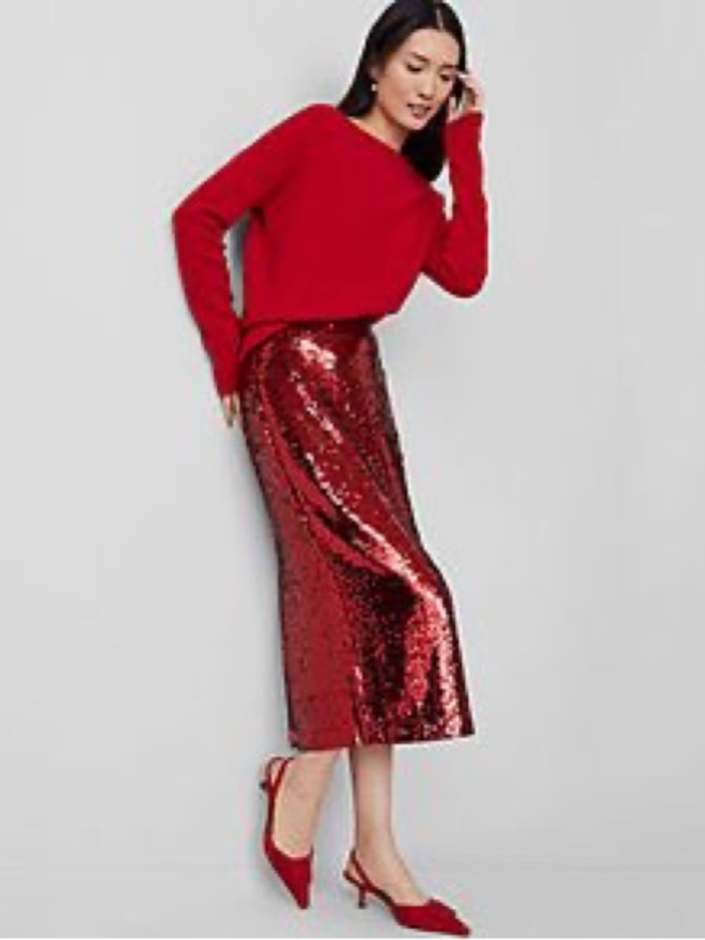 Ann Taylor Red Sequin Midi Skirt, size 8P